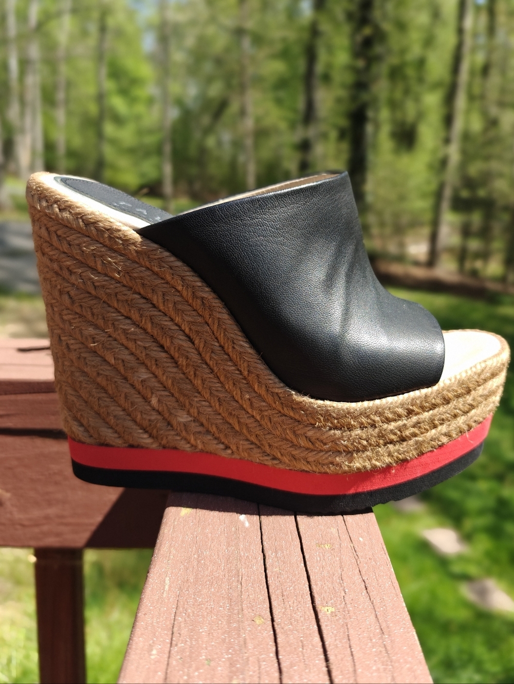 Paloma Barcelo "EUGENIA" Black Leather Espadrille Wedges with Red Stripe